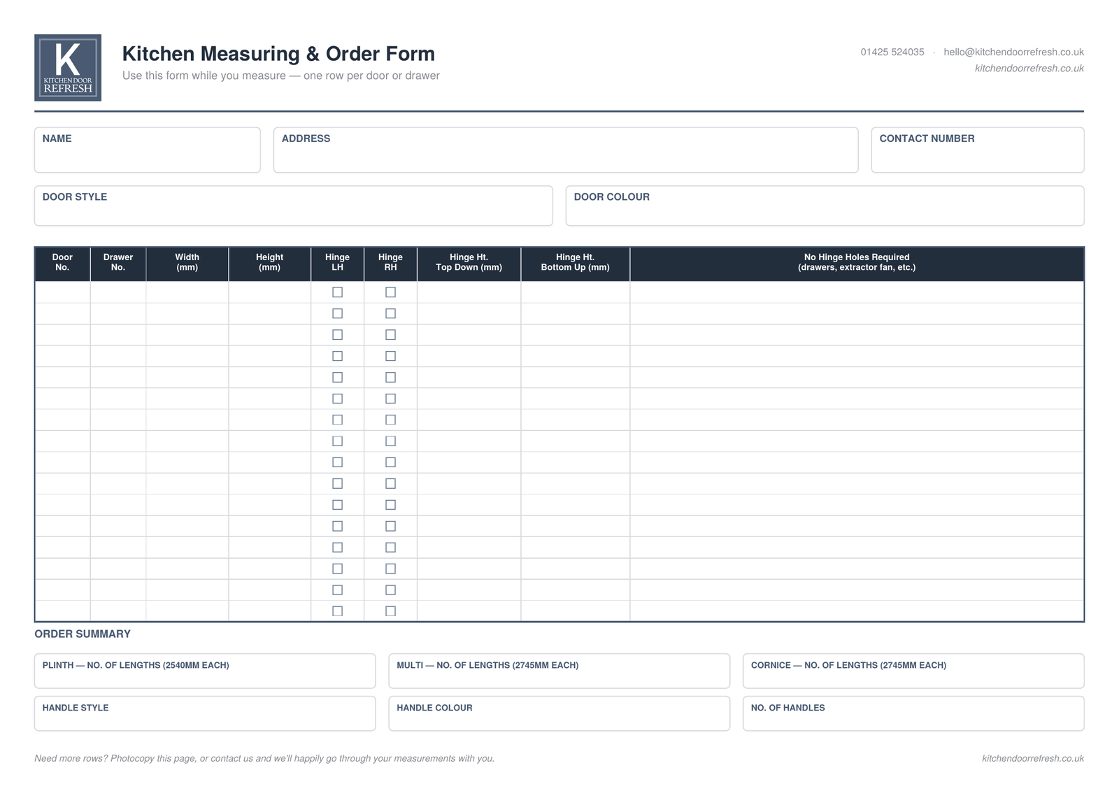 Preview of the Kitchen Door Refresh sample order form
